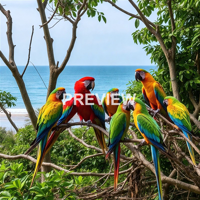 A group of colorful parrots, including a red one and several green, yellow, and blue ones, perched on tree branches near a beach with the ocean in the background.
